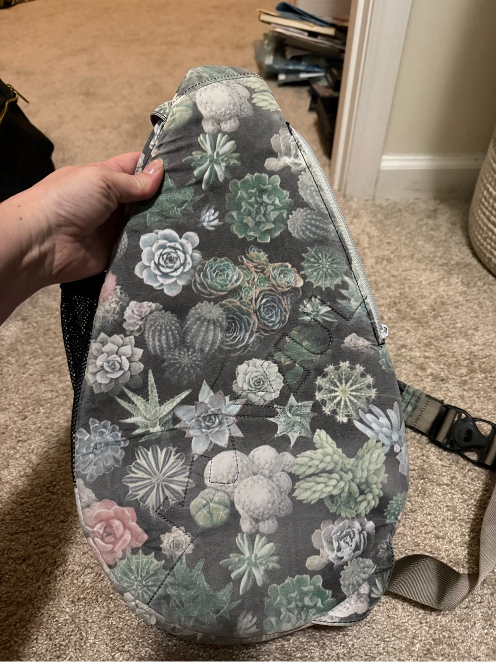 Kavu Gray and Green Succulent Print Sling Backpack - Picture 2 of 2